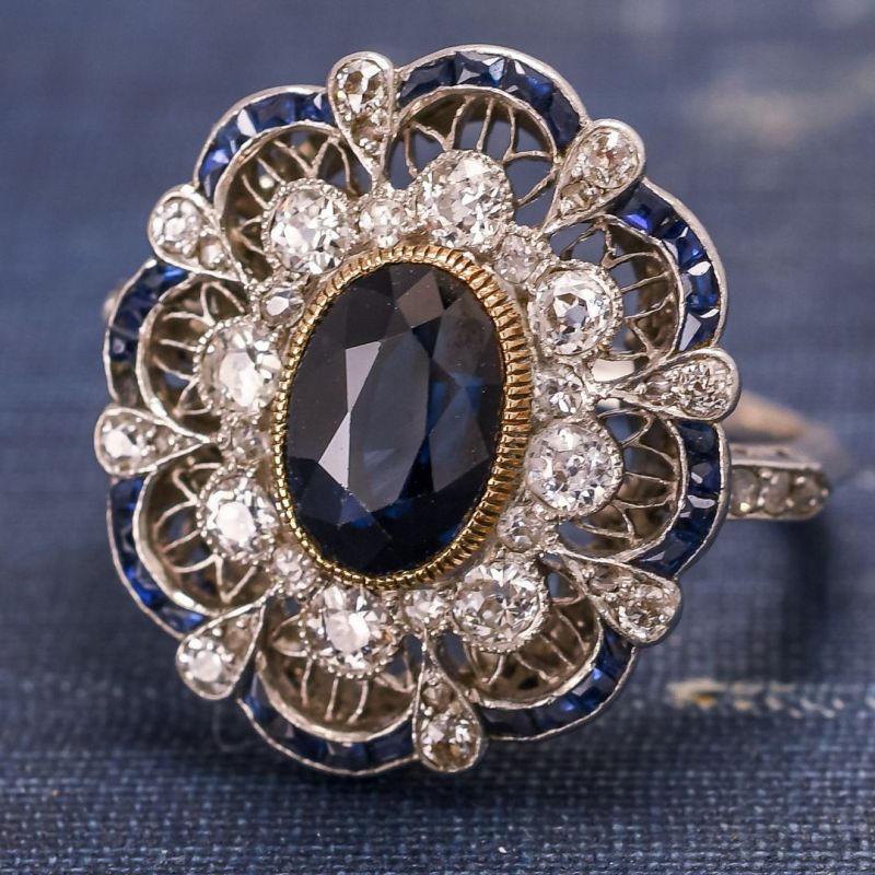 Art Deco Two Tone Halo Oval Cut Blue Sapphire Engagement Ring For Women Belovegrace