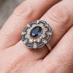 Art Deco Two Tone Halo Oval Cut Blue Sapphire Engagement Ring