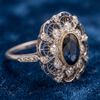 Art Deco Two Tone Halo Oval Cut Blue Sapphire Engagement Ring