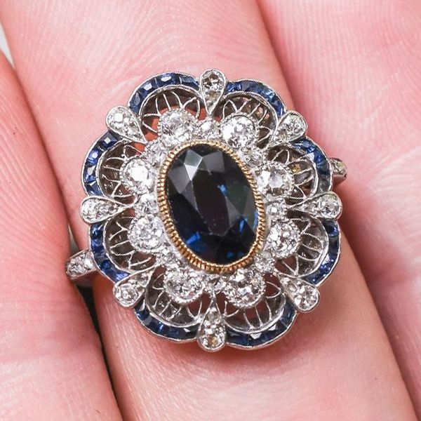 Art Deco Two Tone Halo Oval Cut Blue Sapphire Engagement Ring For Women Belovegrace