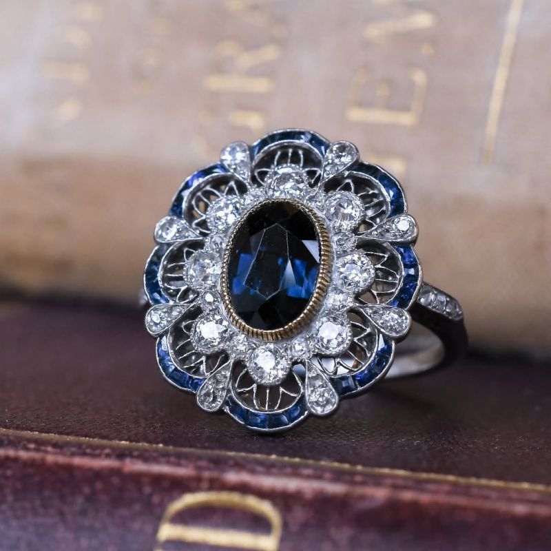 Art Deco Two Tone Halo Oval Cut Blue Sapphire Engagement Ring For Women Belovegrace