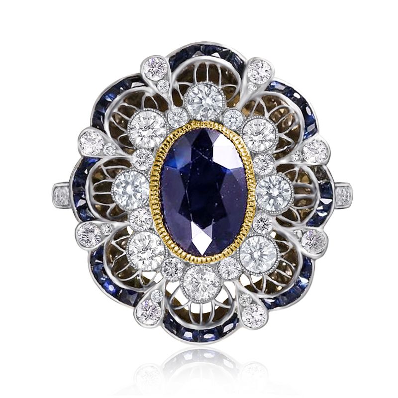 Art Deco Two Tone Halo Oval Cut Blue Sapphire Engagement Ring For Women Belovegrace