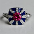 Art Deco Two Tone Round Cut Ruby Sapphire Engagement Ring For Women Belovegrace
