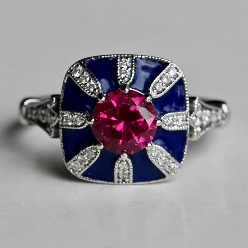 Art Deco Two Tone Round Cut Ruby Sapphire Engagement Ring For Women Belovegrace