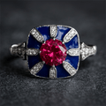Art Deco Geometric Brilliant Cut Ruby & Blue Sapphire Engagement Ring