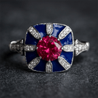 Art Deco Geometric Brilliant Cut Ruby & Blue Sapphire Engagement Ring