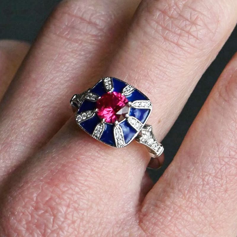 Art Deco Two Tone Round Cut Ruby Sapphire Engagement Ring For Women Belovegrace