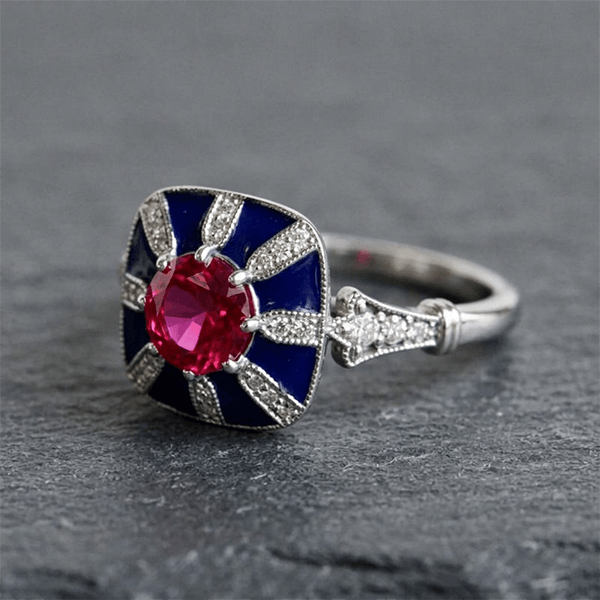 Art Deco Geometric Brilliant Cut Ruby & Blue Sapphire Engagement Ring