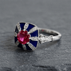Art Deco Geometric Brilliant Cut Ruby & Blue Sapphire Engagement Ring