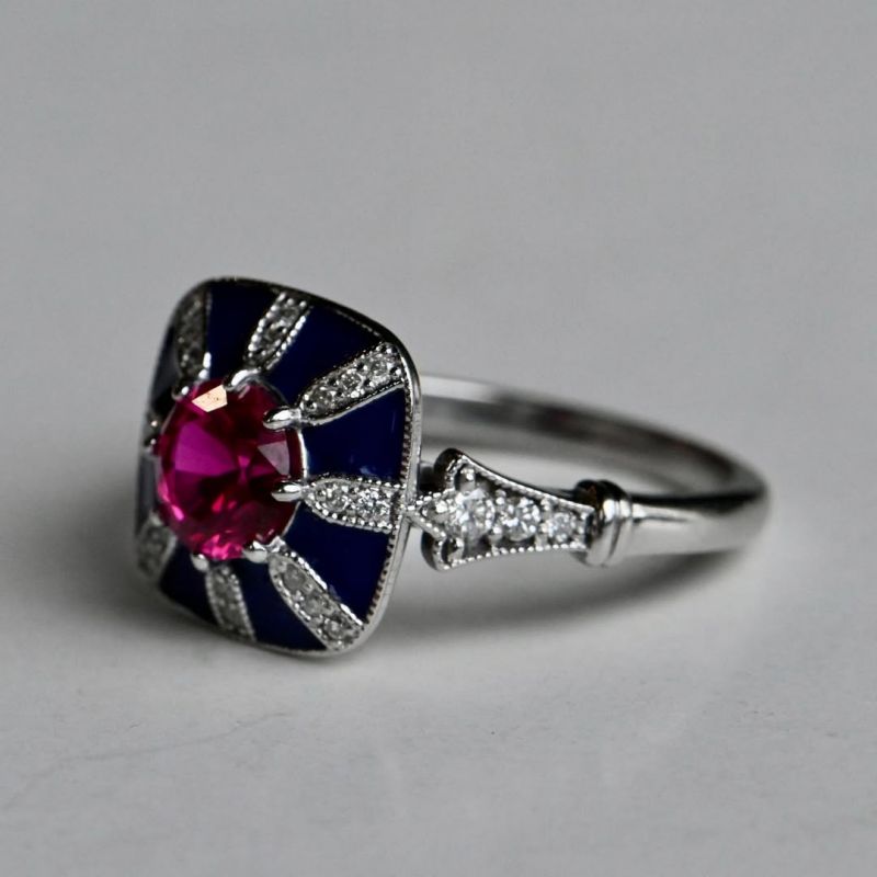Art Deco Two Tone Round Cut Ruby Sapphire Engagement Ring For Women Belovegrace