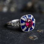 Art Deco Geometric Brilliant Cut Ruby & Blue Sapphire Engagement Ring