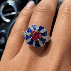 Art Deco Geometric Brilliant Cut Ruby & Blue Sapphire Engagement Ring