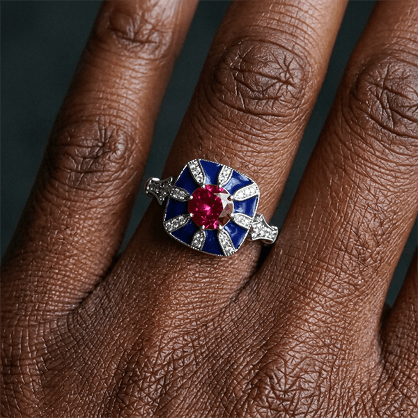 Art Deco Geometric Brilliant Cut Ruby & Blue Sapphire Engagement Ring