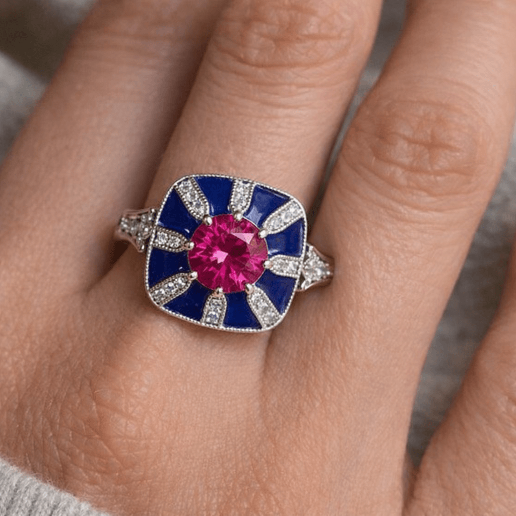 Art Deco Geometric Brilliant Cut Ruby & Blue Sapphire Engagement Ring