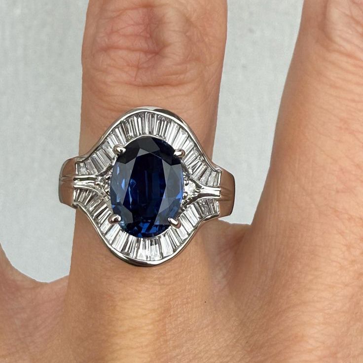 Vintage Halo Oval & Baguette Cut Blue Sapphire Engagement Ring For Women Belovegrace