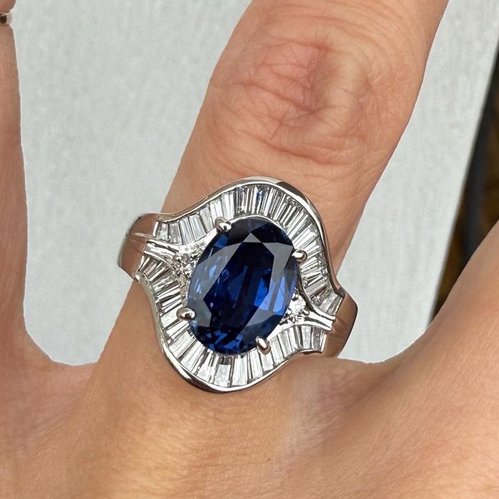Vintage Halo Oval & Baguette Cut Blue Sapphire Engagement Ring For Women Belovegrace