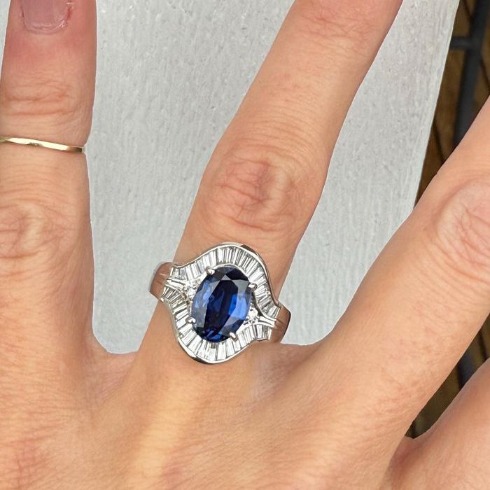 Vintage Halo Oval & Baguette Cut Blue Sapphire Engagement Ring For Women Belovegrace
