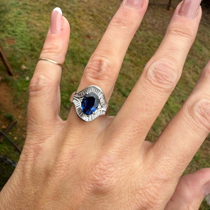 Vintage Halo Oval & Baguette Cut Blue Sapphire Engagement Ring For Women Belovegrace