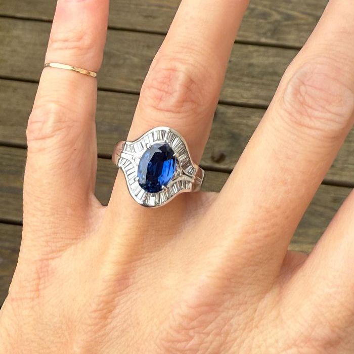 Vintage Halo Oval & Baguette Cut Blue Sapphire Engagement Ring For Women Belovegrace