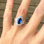 Vintage Halo Oval & Baguette Cut Blue Sapphire Engagement Ring For Women Belovegrace