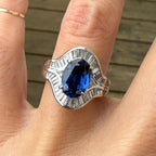 Vintage Halo Oval & Baguette Cut Blue Sapphire Engagement Ring For Women Belovegrace