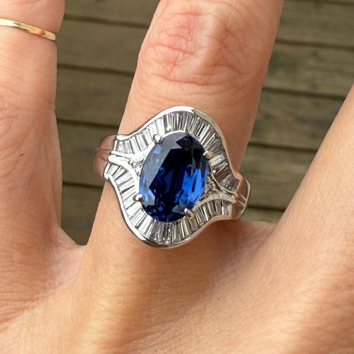 Vintage Halo Oval & Baguette Cut Blue Sapphire Engagement Ring For Women Belovegrace