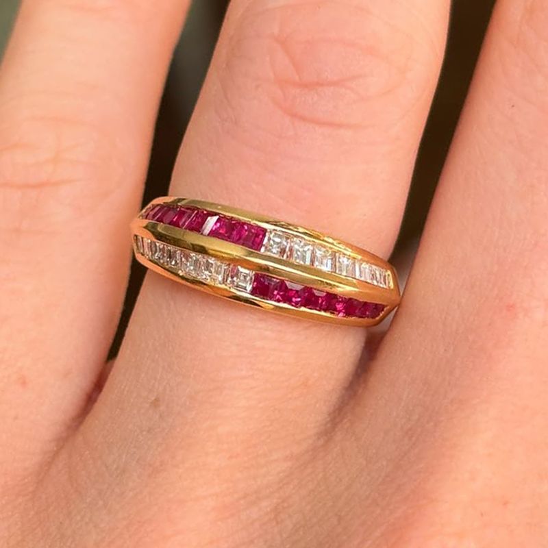 Golden Channel Setting Baguette Cut Ruby & White Sapphire Half Eternity Wedding Band For Women Belovegrace