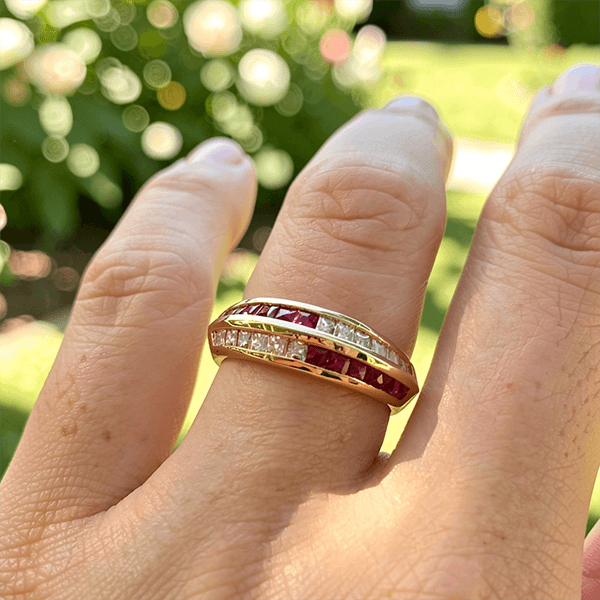Channel Setting Golden Baguette & Round Cut Ruby Sapphire Wedding Band Ring