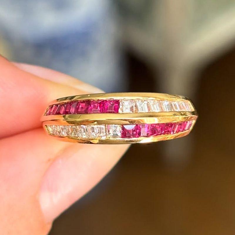 Golden Channel Setting Baguette Cut Ruby & White Sapphire Half Eternity Wedding Band For Women Belovegrace