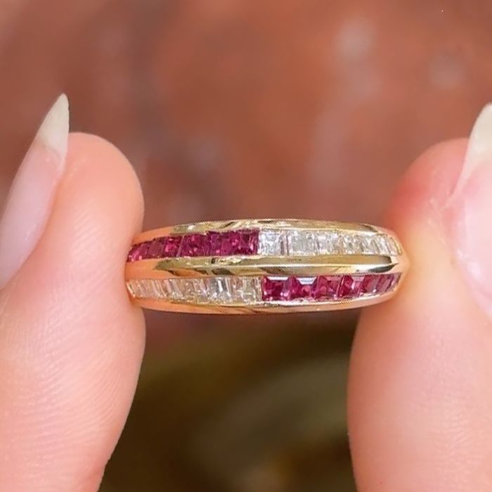Golden Channel Setting Baguette Cut Ruby & White Sapphire Half Eternity Wedding Band For Women Belovegrace