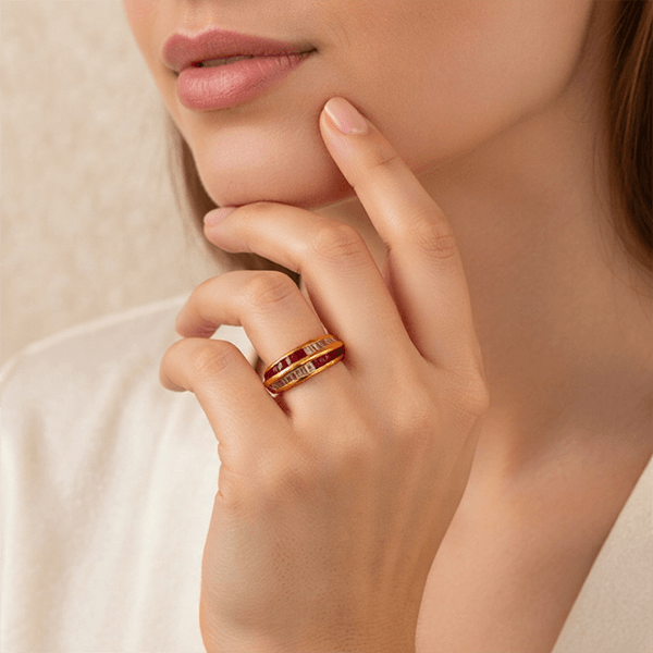 Channel Setting Golden Baguette & Round Cut Ruby Sapphire Wedding Band Ring