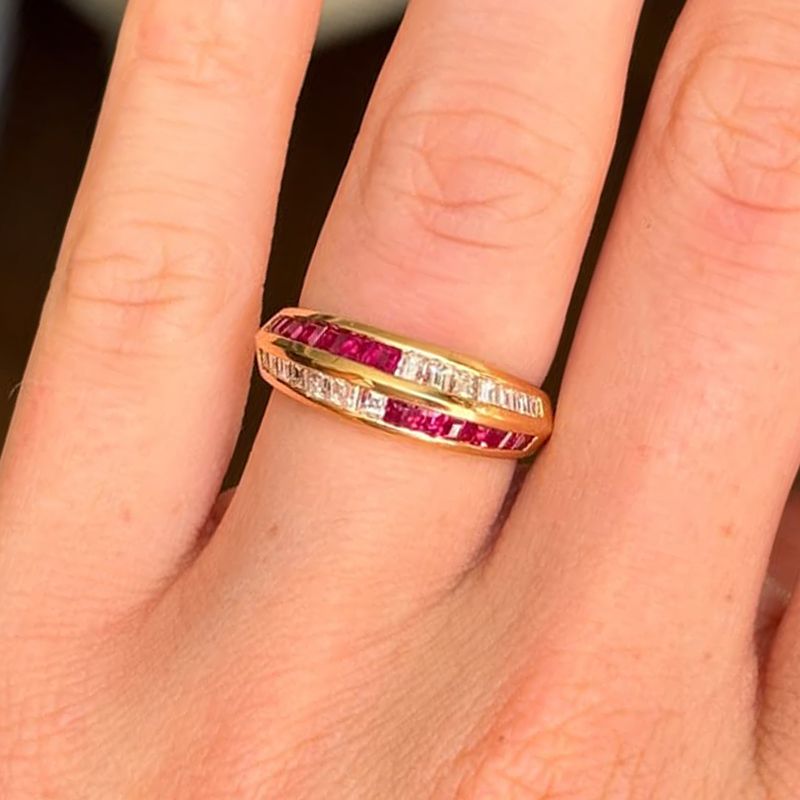 Golden Channel Setting Baguette Cut Ruby & White Sapphire Half Eternity Wedding Band For Women Belovegrace