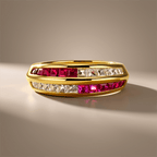 Channel Setting Golden Baguette & Round Cut Ruby Sapphire Wedding Band Ring