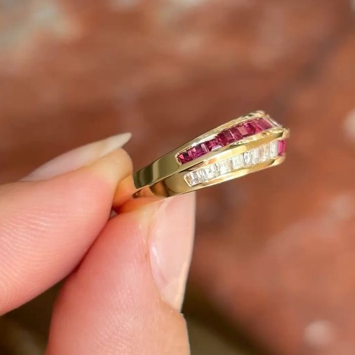 Golden Channel Setting Baguette Cut Ruby & White Sapphire Half Eternity Wedding Band For Women Belovegrace