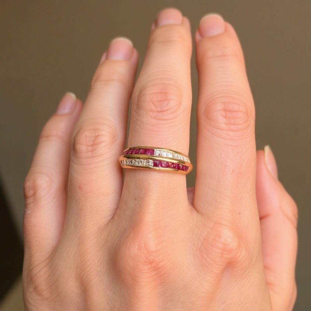 Channel Setting Golden Baguette & Round Cut Ruby Sapphire Wedding Band Ring