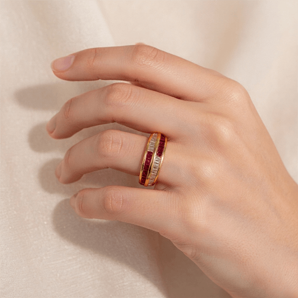 Channel Setting Golden Baguette & Round Cut Ruby Sapphire Wedding Band Ring