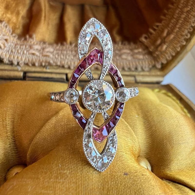 Two Tone White & Ruby Sapphire Round & Baguette Cut Engagement Ring For Women Belovegrace