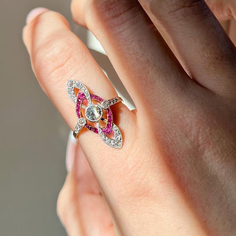 Two Tone White & Ruby Sapphire Round & Baguette Cut Engagement Ring For Women Belovegrace