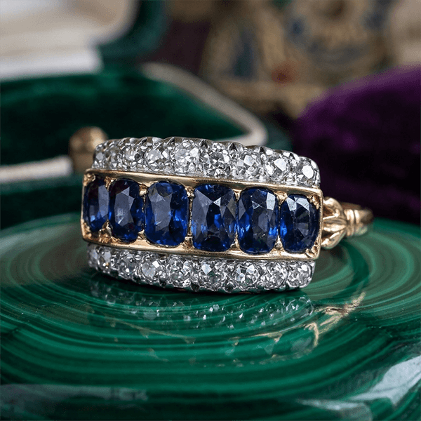 Vintage Two Tone Cushion Cut Blue Sapphire Half Eternity Wedding Band For Women