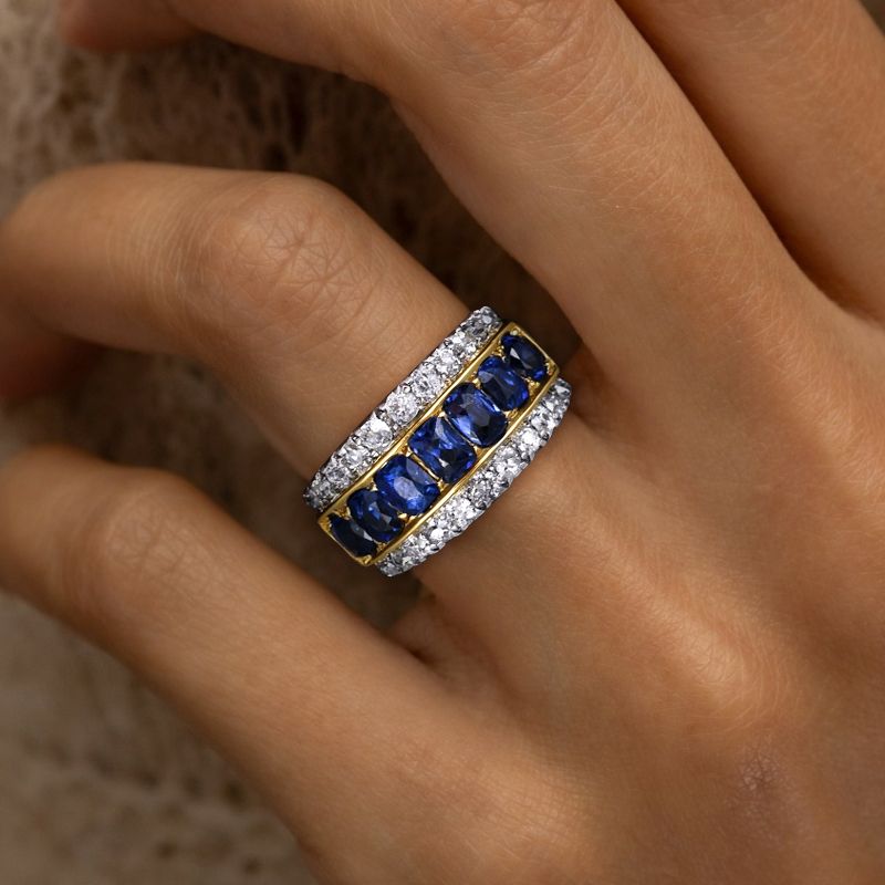 Two Tone Triple Row Cushion Cut Blue Sapphire Wedding Band For Women Belovegrace