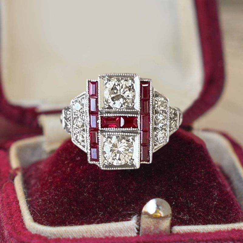 Art Deco Round & Baguette Cut White & Ruby Sapphire Engagement Ring For Women Belovegrace