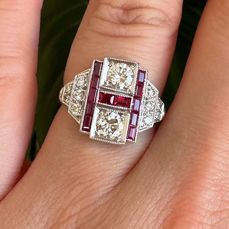 Art Deco Round & Baguette Cut White & Ruby Sapphire Engagement Ring For Women Belovegrace