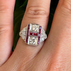Art Deco Round & Baguette Cut White & Ruby Sapphire Engagement Ring For Women Belovegrace