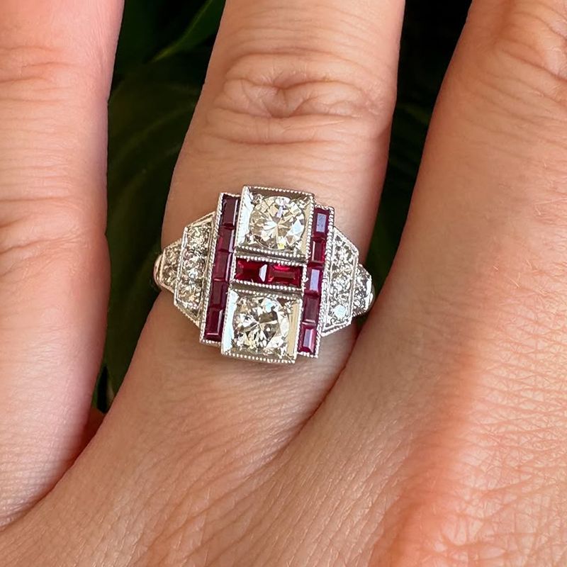 Art Deco Round & Baguette Cut White & Ruby Sapphire Engagement Ring For Women Belovegrace