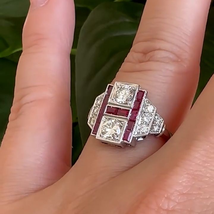 Art Deco Round & Baguette Cut White & Ruby Sapphire Engagement Ring For Women Belovegrace