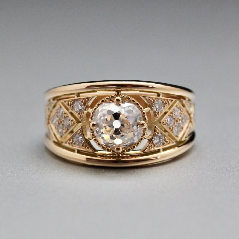Art Deco Golden Round Cut White Sapphire Engagement Ring For Women Belovegrace