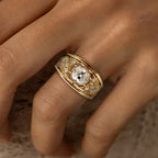Art Deco Golden Round Cut White Sapphire Engagement Ring For Women Belovegrace