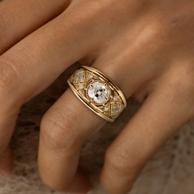 Art Deco Golden Round Cut White Sapphire Engagement Ring For Women Belovegrace