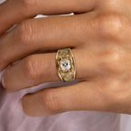 Art Deco Golden Round Cut White Sapphire Engagement Ring For Women Belovegrace