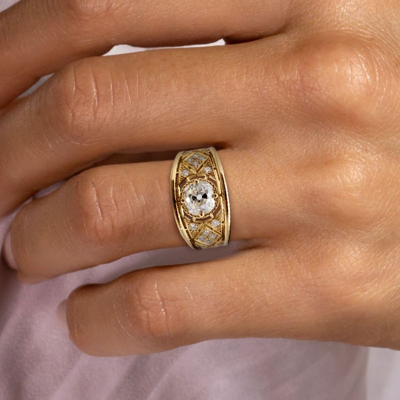 Art Deco Golden Round Cut White Sapphire Engagement Ring For Women Belovegrace